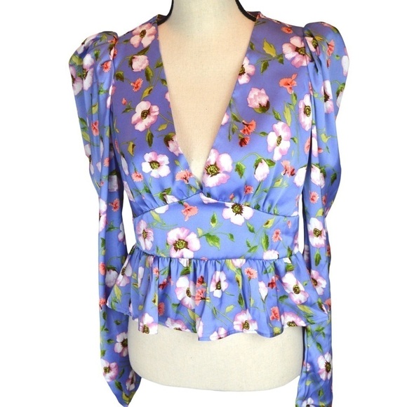 Forever 21 Satin Empire Waist Puff Long Sleeve V Neck Top Lavender Floral NWT - Picture 12 of 12